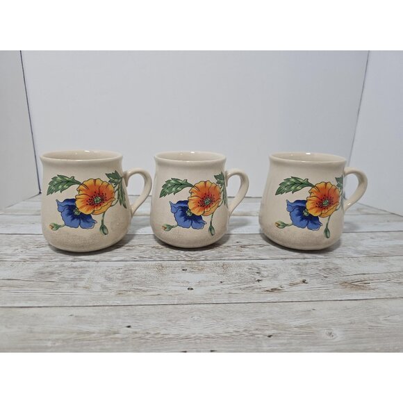 Lot of 3 Vintage‎ Poppies Floral Mugs Crazing Matching - Picture 1 of 5